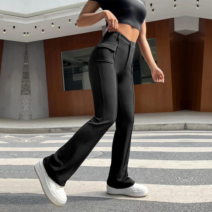 Damen klassische Palazzo-Hose mit aufgesetzten Taschen und hohem Bund Drune
