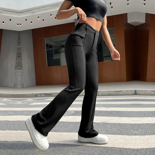 Damen klassische Palazzo-Hose mit aufgesetzten Taschen und hohem Bund Drune