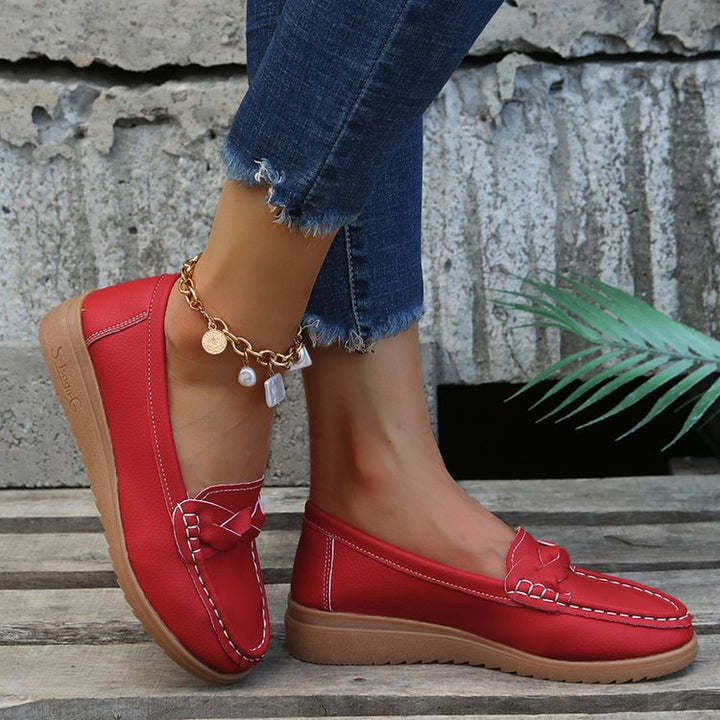 Damen nan Mokassin-Loafer mit geflochtenem Vorderblatt sichtbarer Kontrastnaht und ergonomischer Keilsohle Drune