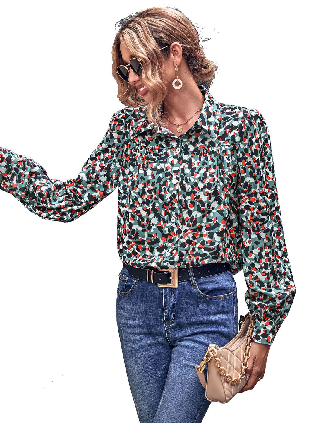Damen Bluse mit floralem Druck und modischem Puffärmel Drune