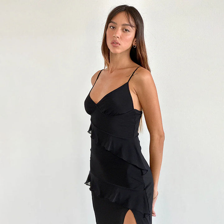 Damen Elegantes Maxikleid mit verspielten Rüschendetails und tiefem Schlitz Drune