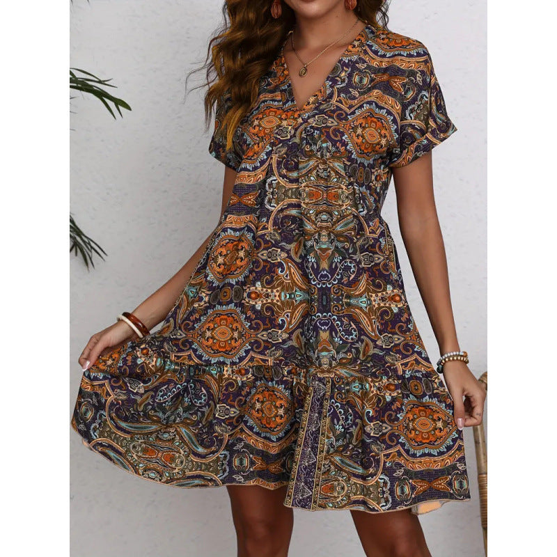 Damen Minikleid mit lässigem V-Ausschnitt und voluminösem Rock Drune