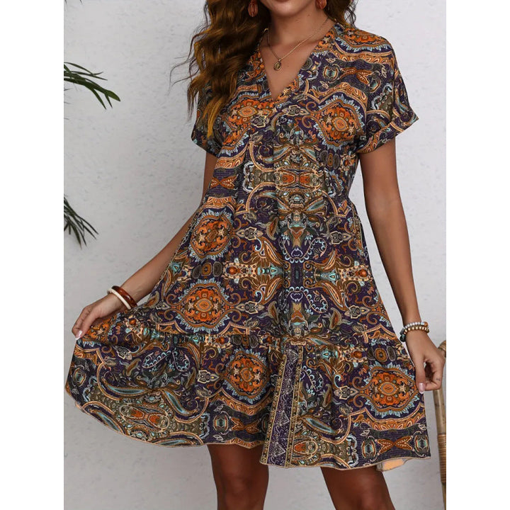 Damen Minikleid mit lässigem V-Ausschnitt und voluminösem Rock Drune