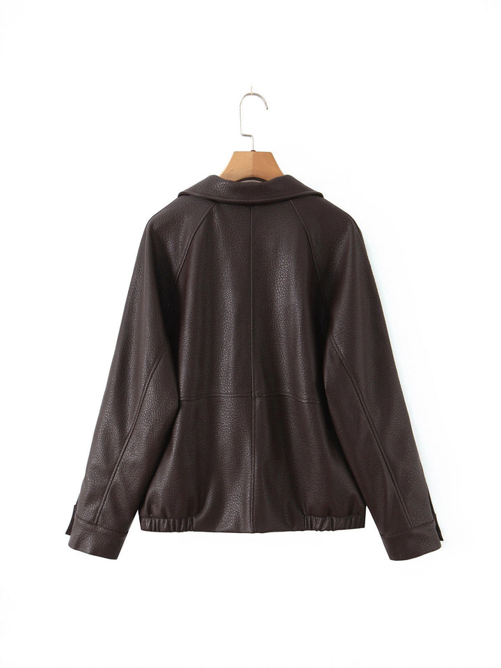 Damen modische Kunstlederjacke mit doppelter Knopfleiste und großem Revers Drune