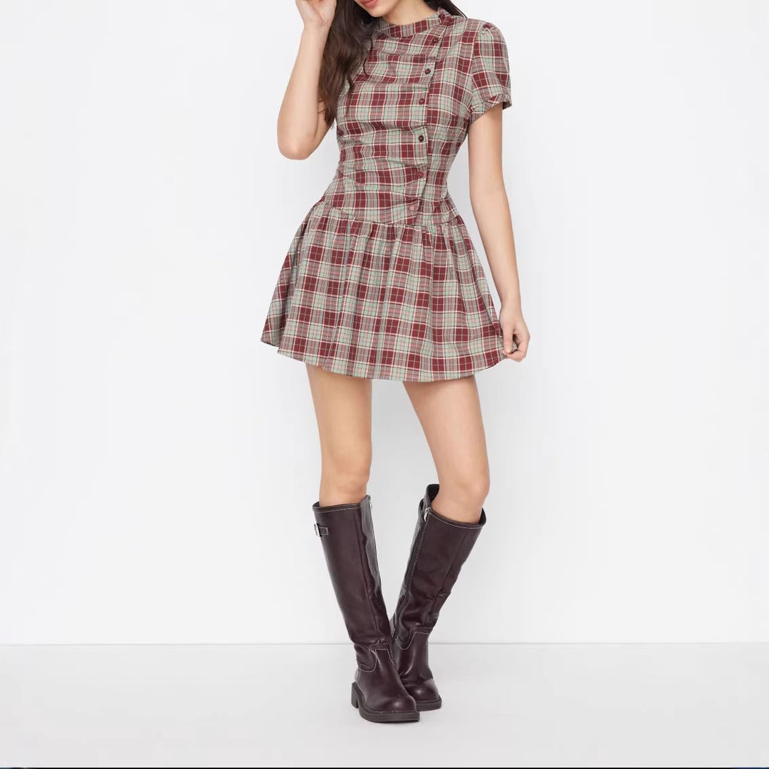 Damen Karo Kurzarmkleid Drune