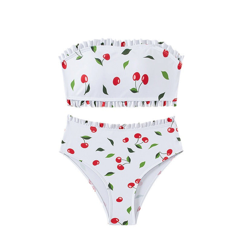 Damen Bandeau-Bikini mit fröhlichem Kirschmuster und eleganter Rüsche Drune