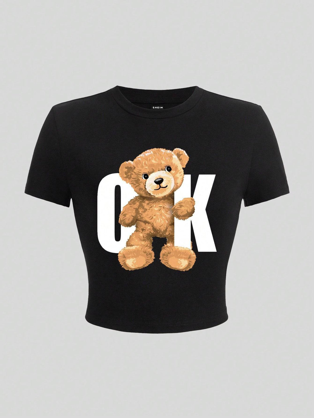 Damen Crop-T-Shirt mit verspieltem Bärenmotiv und modischem Schriftzug Drune