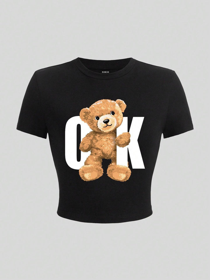 Damen Crop-T-Shirt mit verspieltem Bärenmotiv und modischem Schriftzug Drune