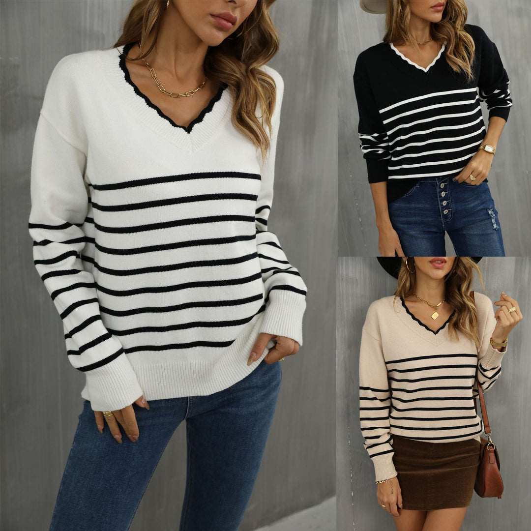 Damen modischer V-Pullover mit Streifenmuster Drune