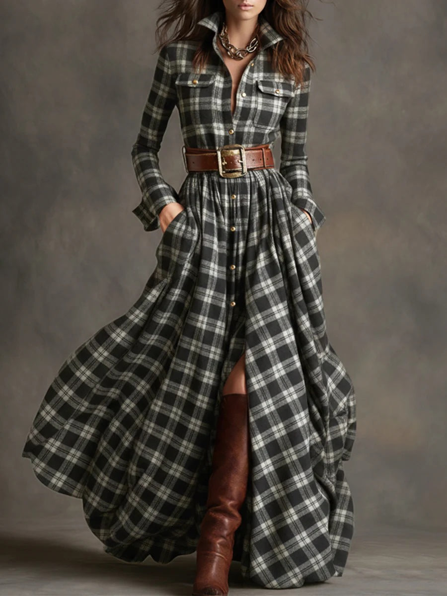 Damen nan karierte Maxikleid Hemdblusenkleid mit ausgestelltem Rock und breitem Taillengürtel Drune