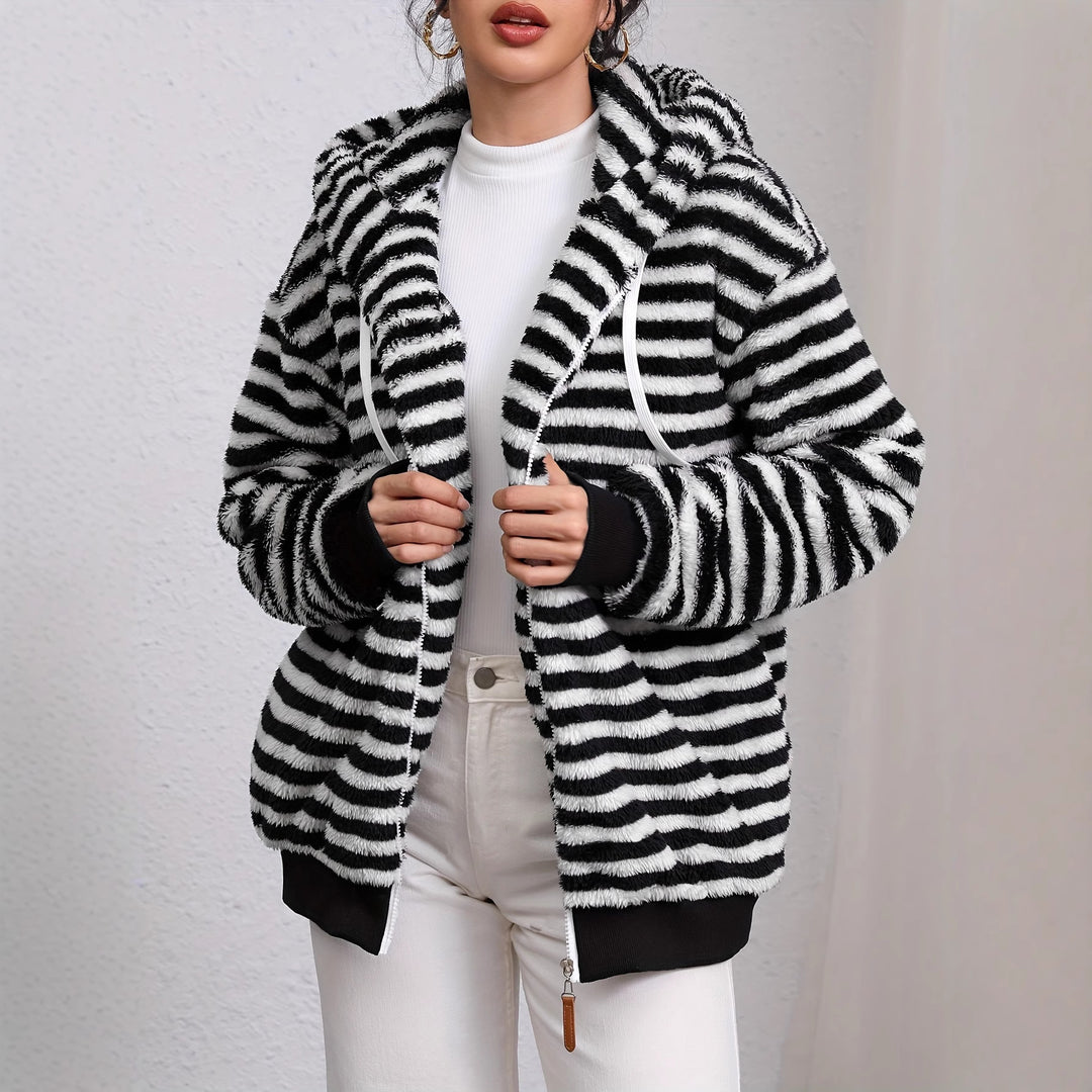 Damen kuschelige Fleecejacke mit gestreiftem Muster und praktischen Taschen Drune
