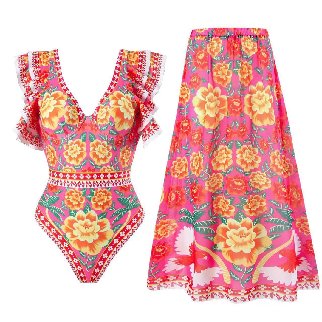 Damen Badeanzug-Set mit voluminösem Rüschendesign und floralem Wickelrock Drune
