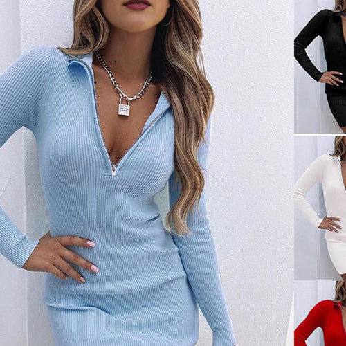 Damen Strickkleid mit kurzem Reißverschluss und langen Ärmeln Drune