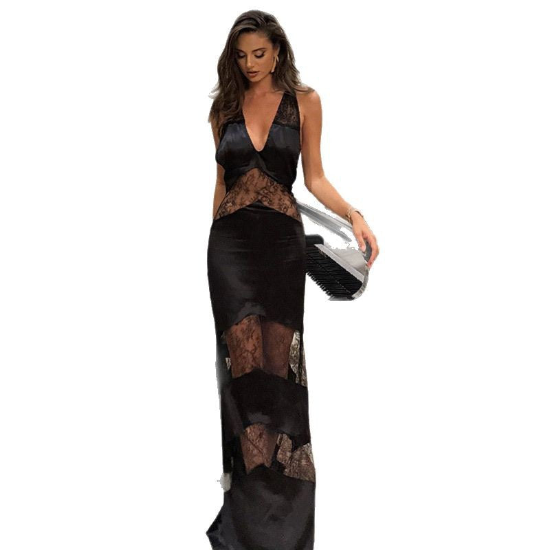 Damen verführerisches Chiffon Spitzenkleid mit tiefem V-Ausschnitt und transparenten Details Drune