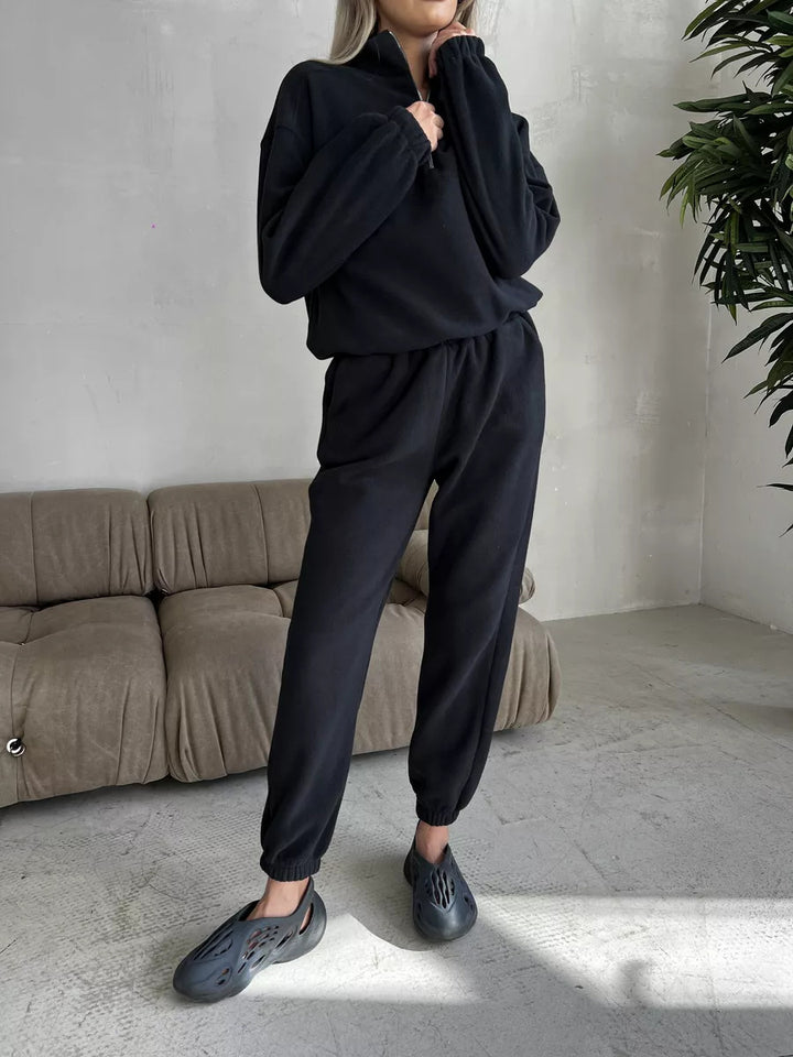 Damen lässiger Fleece-Lounge-Anzug mit kurzem Reißverschluss Drune