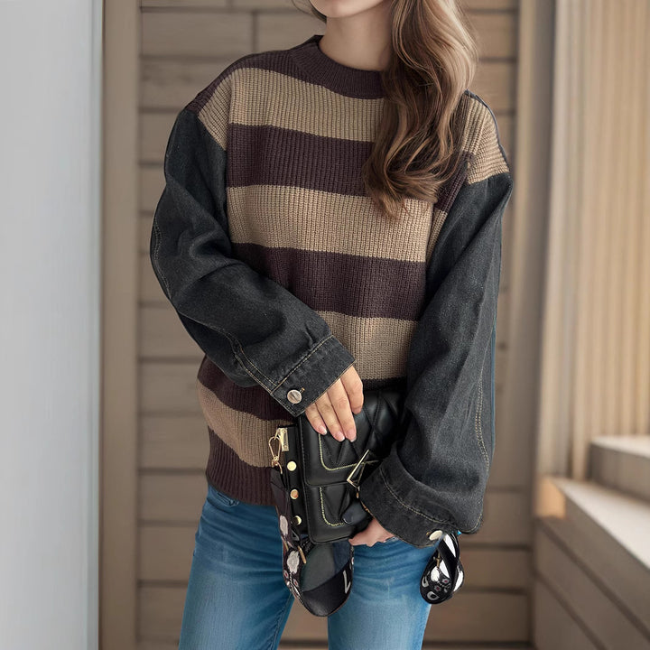 Damen lässiger Strickpullover mit auffälligem Blockstreifenmuster und weiten Ärmeln Drune