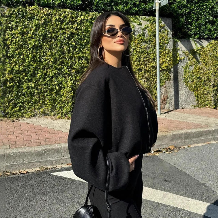 Damen nan kurze Oversize Wollblouson mit Reißverschluss, Ballonärmeln und elastischem Saum Drune