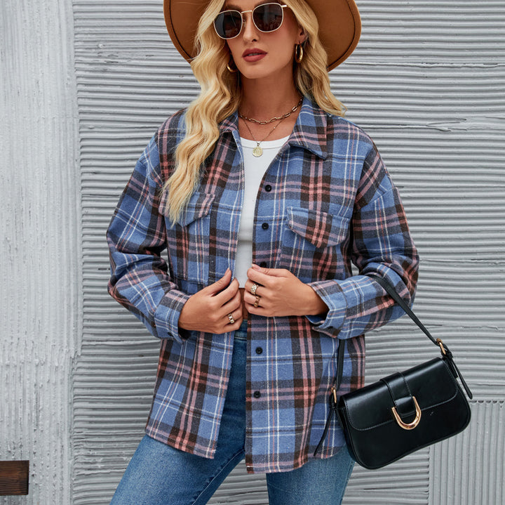 Damen Flanellhemd mit kariertem Muster und zwei Brusttaschen Drune