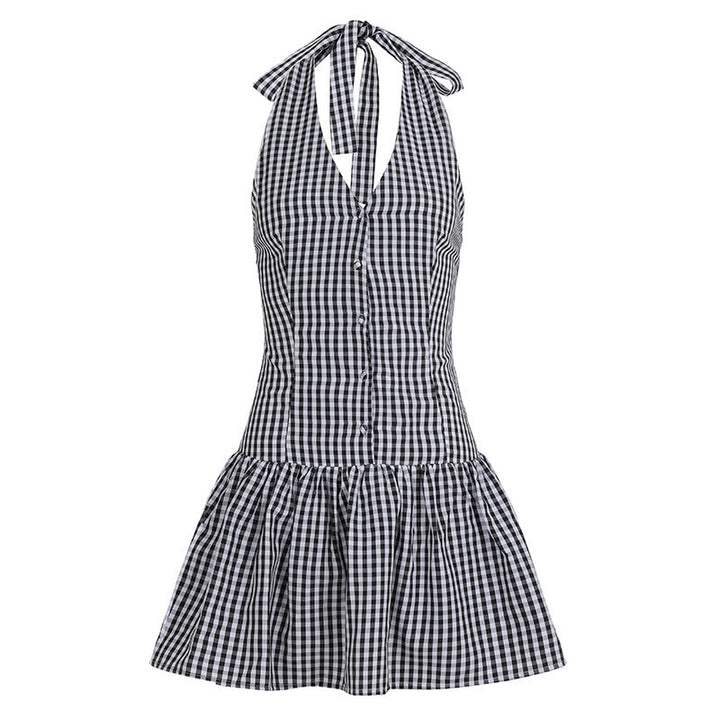 Damen V-Ausschnitt Kleid mit schwingendem Saum und Knopfdetails Drune