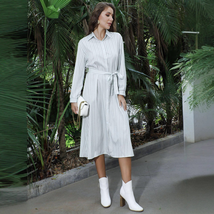 Damen Hemdkleid mit gestreiftem Design und Taillengürtel Drune