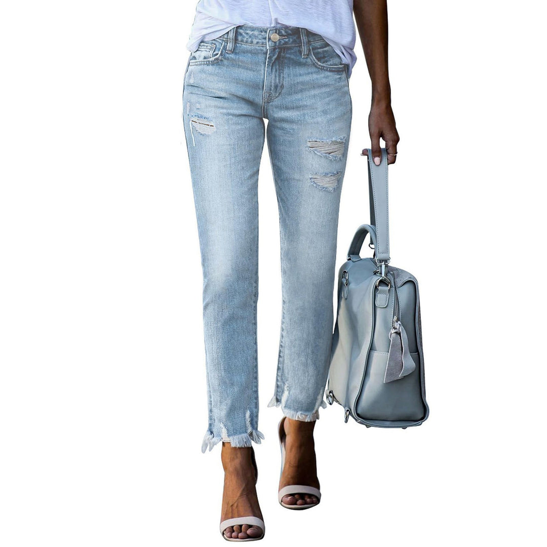 Damen Vintage Slim-Fit Jeans mit fransigem Saum und modischen Rissen Drune