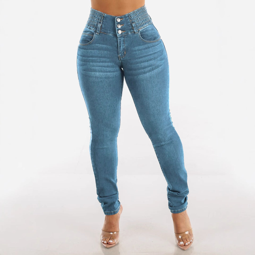 Damen Hochtaillierte Skinny Jeans mit elastischem Bund und dekorativen Knöpfen Drune