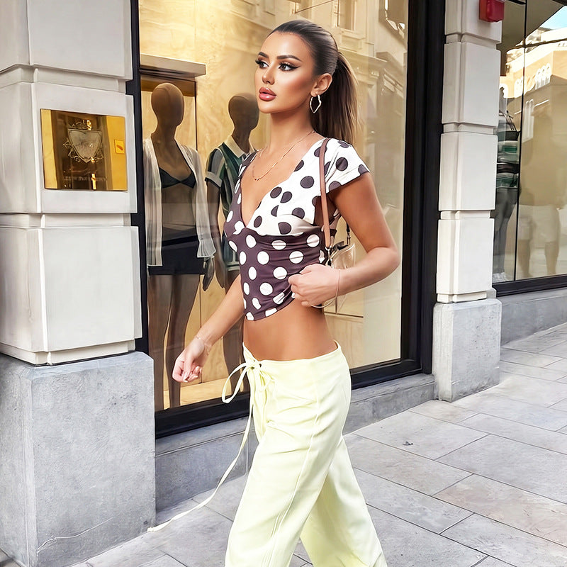Damen Modisches Polka-Dots Oberteil mit tiefem V-Ausschnitt Drune