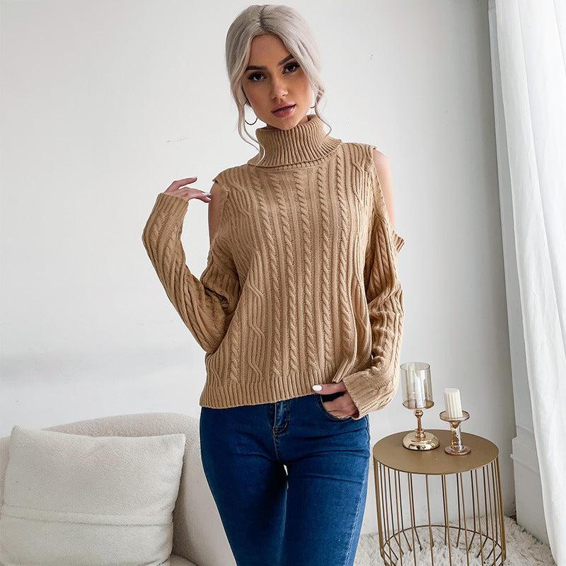 Damen Strickpullover mit Off-Shoulder-Design und hohen Kragen Drune