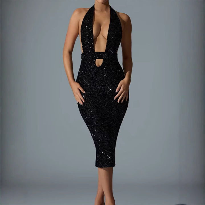 Damen Glamouröses Pailletten-Midi-Kleid mit tiefem V-Ausschnitt und figurbetonter Silhouette Drune