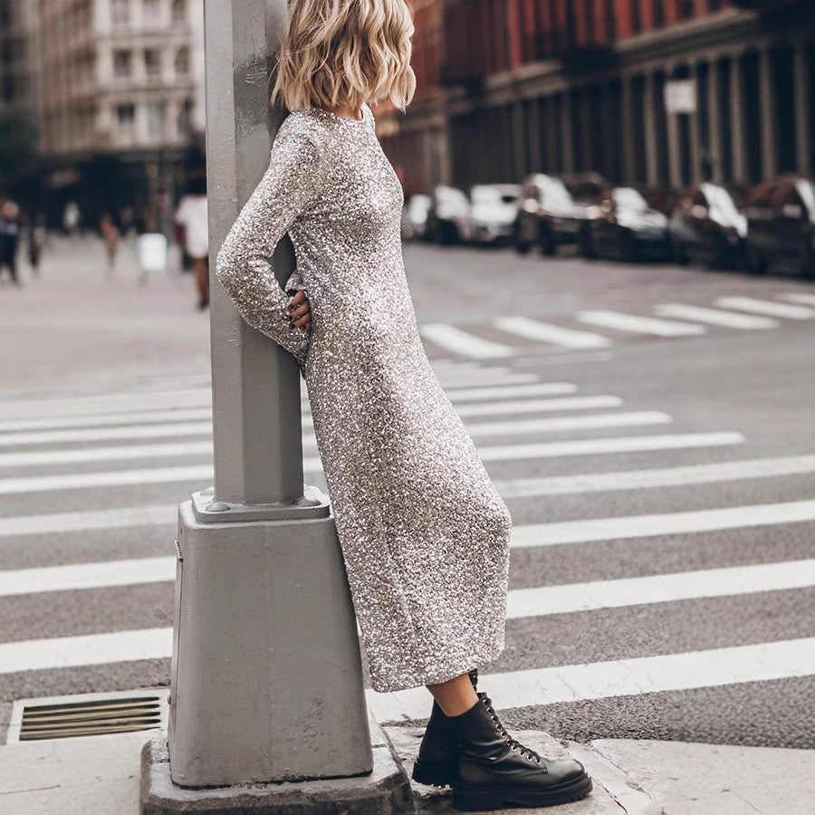 Damen Glitzerndes Midikleid mit elegantem Rundhalsausschnitt und figurschmeichelndem Schnitt Drune