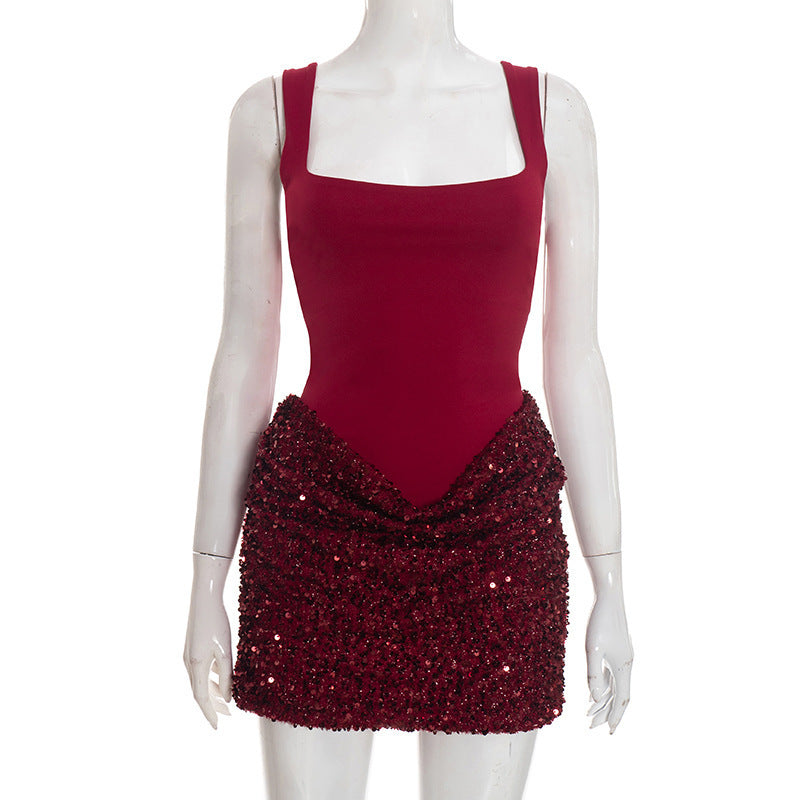 Damen elegantes Paillettenkleid mit tiefem V-Ausschnitt und figurschmeichelndem Design Drune