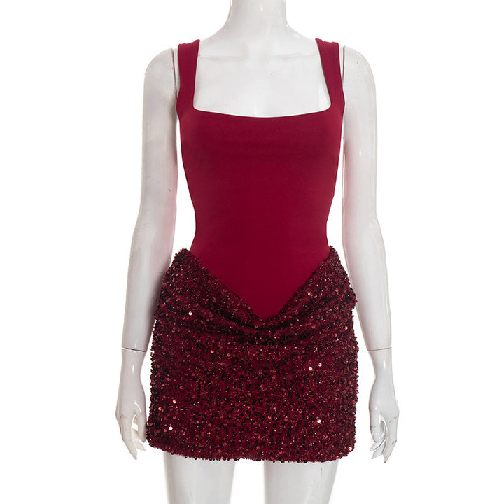 Damen elegantes Paillettenkleid mit tiefem V-Ausschnitt und figurschmeichelndem Design Drune