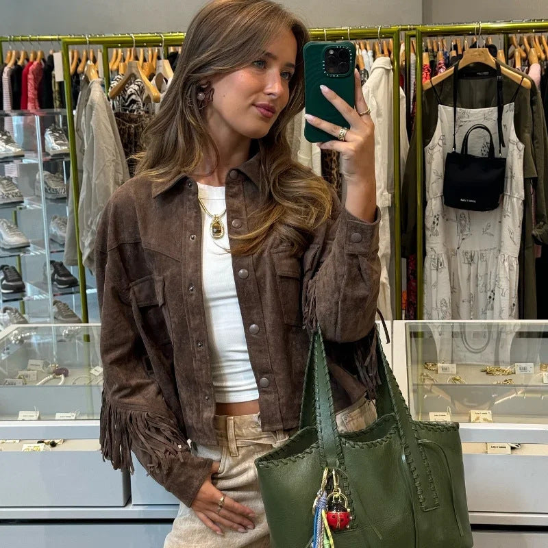 Damen Trendige Velourslederjacke mit Fransen Drune