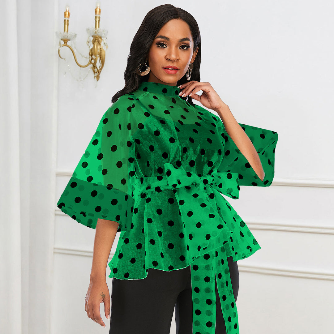 Damen Chiffonbluse mit transparentem Polka-Dots-Design und tailliertem Bindegürtel Drune