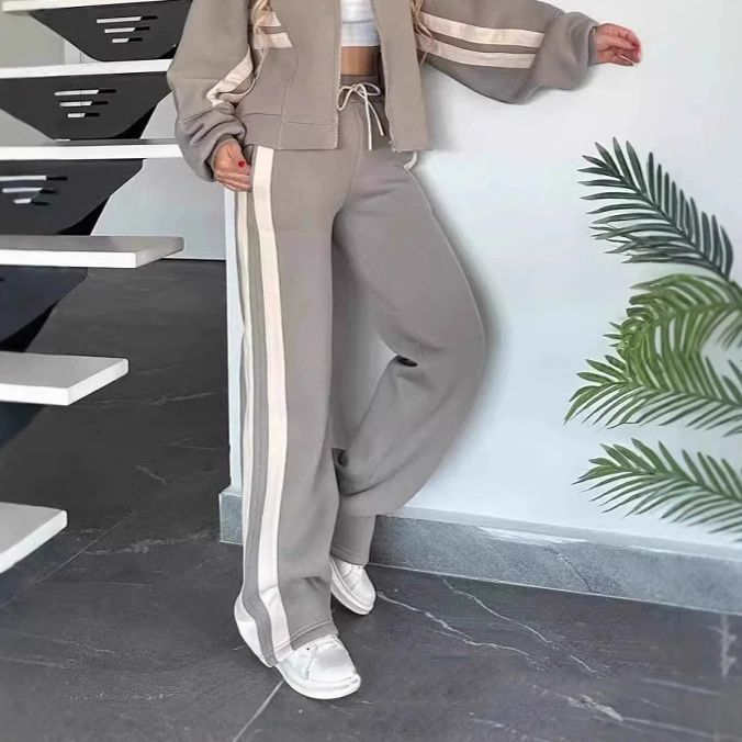 Damen nan athletisches Zweiteiler-Set aus French Terry mit Reißverschluss Cropped Jacke und weitem Highwaist Jogger Drune