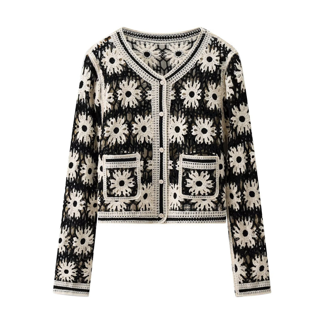 Damen stilvolle Strickjacke mit floralem Muster und praktischen Taschen Drune