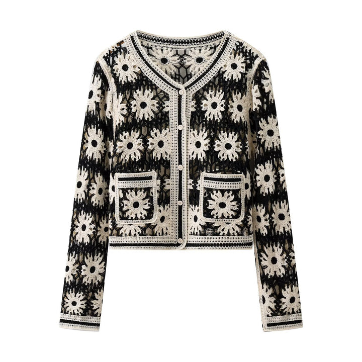 Damen stilvolle Strickjacke mit floralem Muster und praktischen Taschen Drune