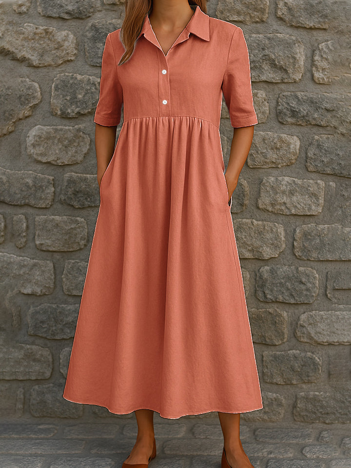 Damen Elegantes Maxikleid mit Hemdkragen und praktischen Taschen Drune
