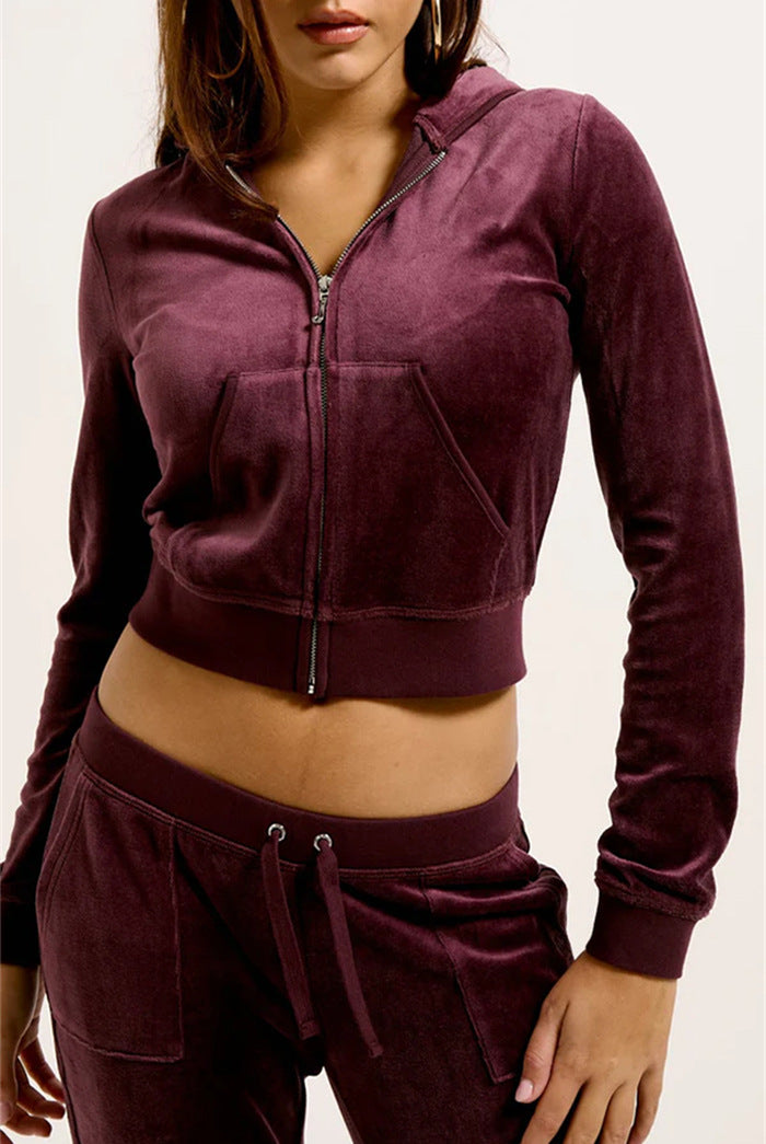 Damen Cropped Fleecejacke mit Kapuze Drune