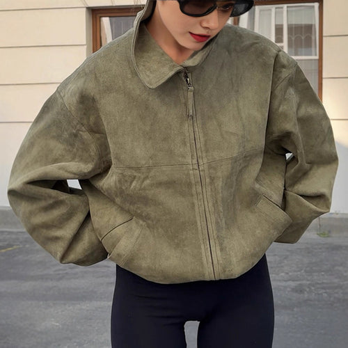 Damen Oversized Suede Jacke mit hohem Kragen und praktischen Taschen Drune