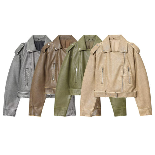 Damen modische Bikerjacke im Vintage-Look mit Taillengürtel und Reißverschlusstaschen Drune