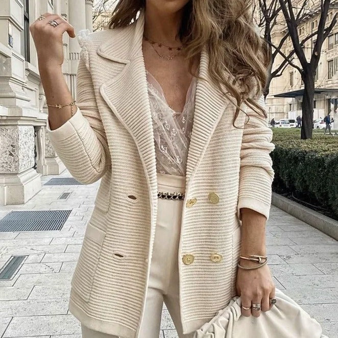 Damen eleganter Strickblazer mit doppelter Knopfreihe und strukturiertem Design Drune