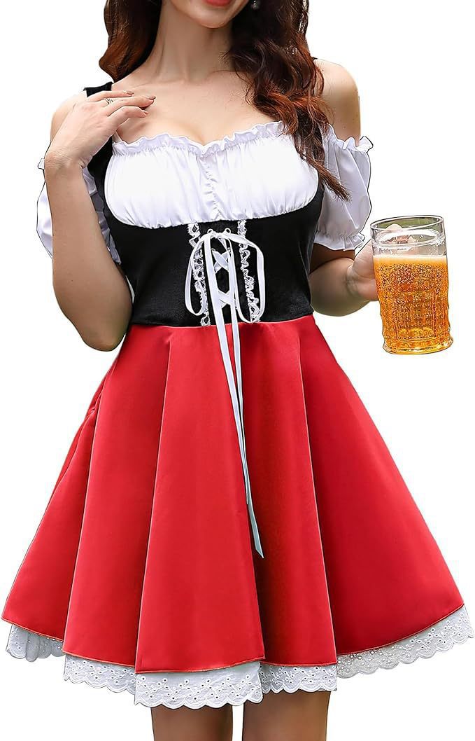 Damen nan schulterfreies Dirndlkleid mit geschnürter Korsage, Puffärmeln und Spitzenunterrock Drune