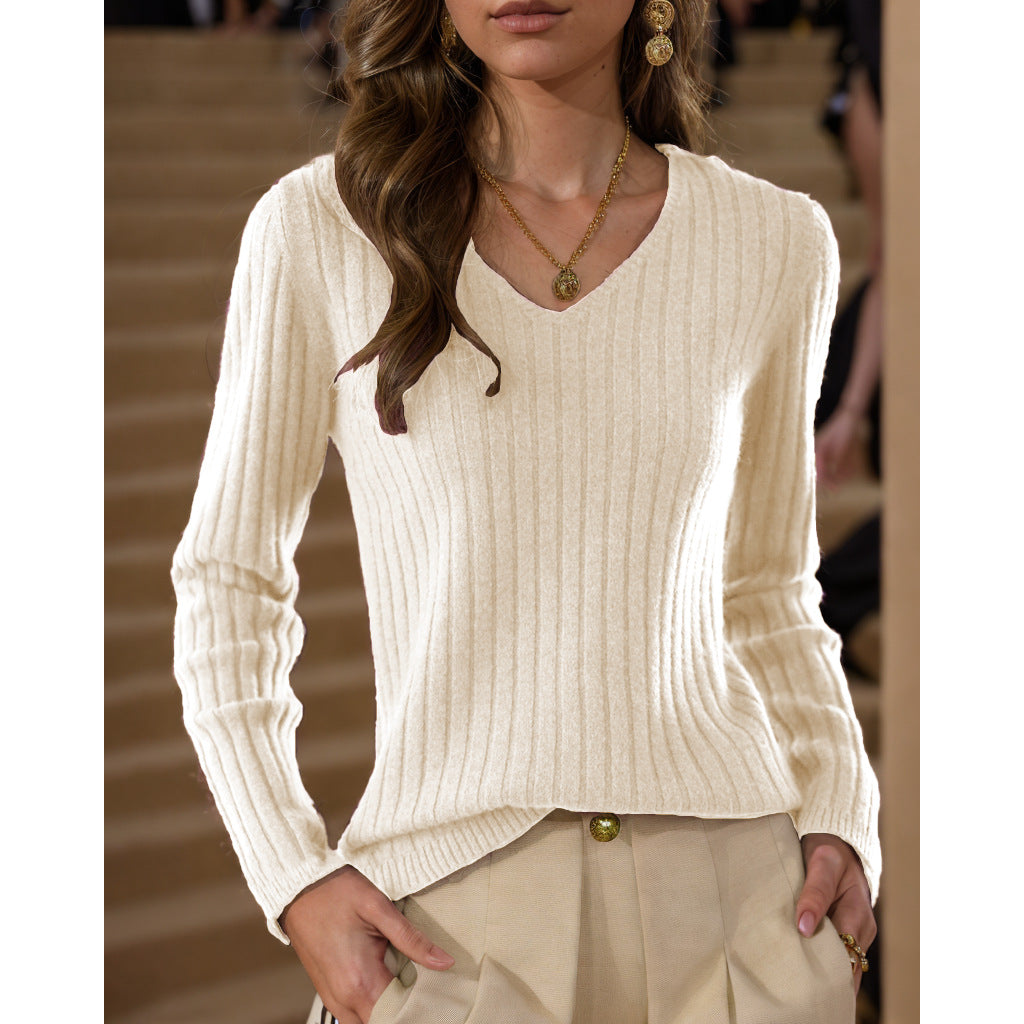 Damen Strickpullover mit V-Ausschnitt und feinem Rippenstrickdesign Drune