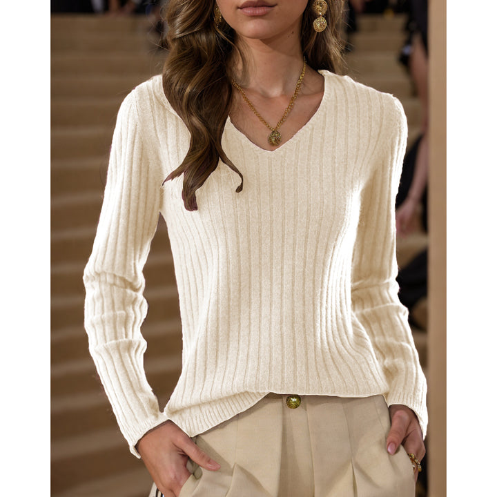 Damen Strickpullover mit V-Ausschnitt und feinem Rippenstrickdesign Drune