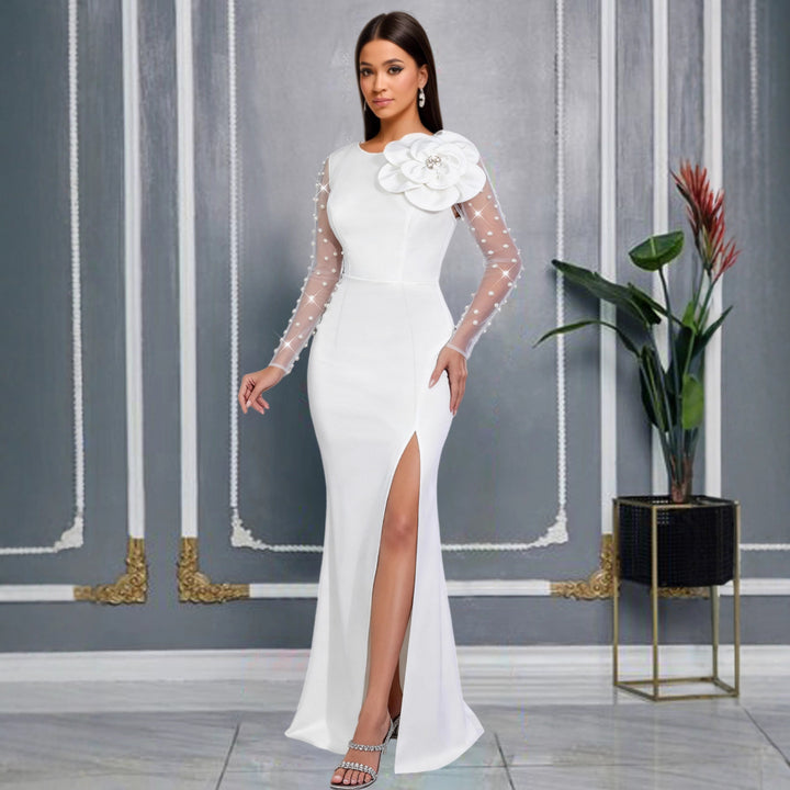Damen Glamouröses Abendkleid mit taillierter Silhouette und transparenten Puffärmeln Drune