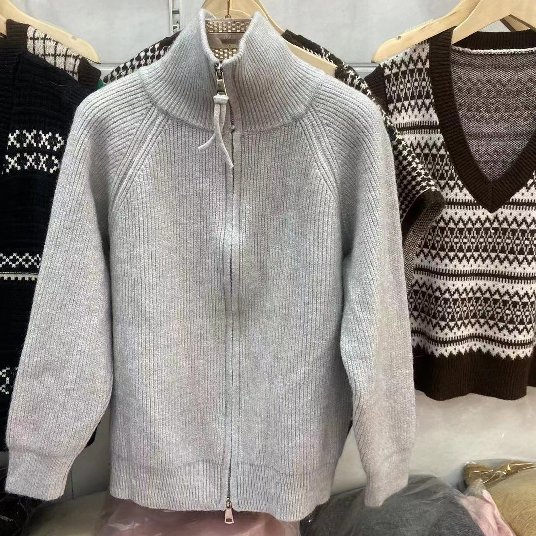 Damen Strickjacke mit hoher Kragenverzierung und Reißverschluss Drune