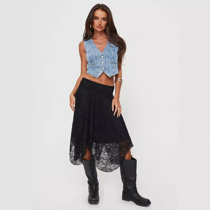 Damen moderne Spitzenmidi-Rock mit asymmetrischem Saum Drune