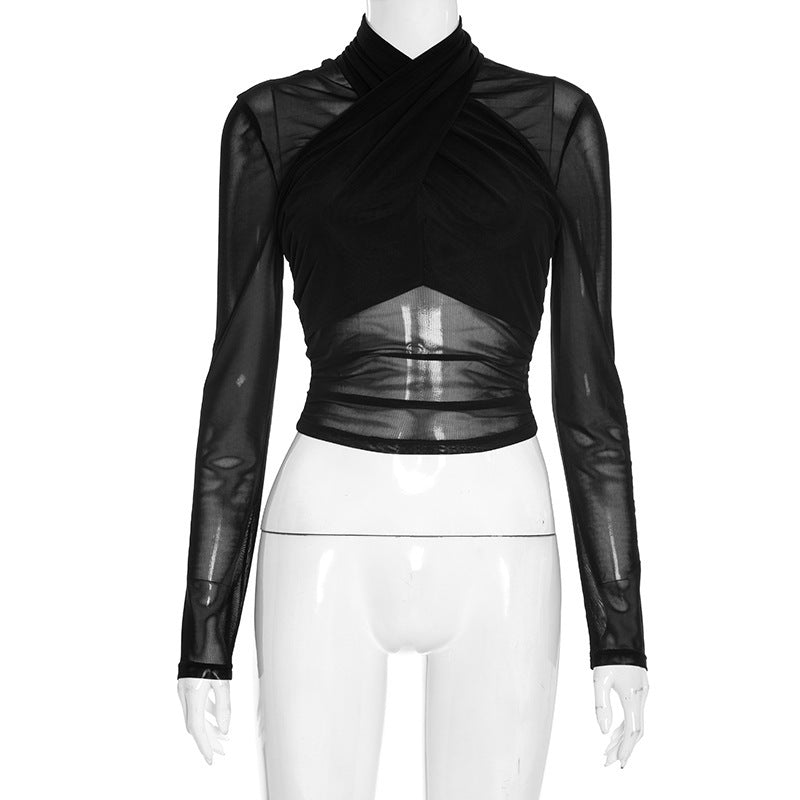 Damen Elegantes Wickeloberteil mit transparentem Stoff und langen Ärmeln Drune