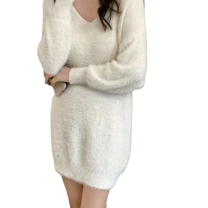 Damen flauschiges V-Ausschnitt Kleid mit langen Ärmeln Drune